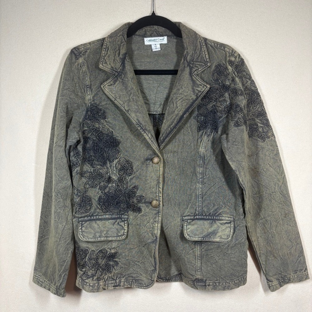 Coldwater Creek Black/Green Acid Wash Floral Embroidered Cotton Blazer Jacket 8